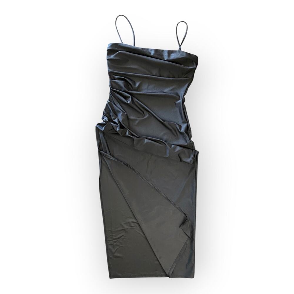 Black Satin Ruched Slip Dress Midi Cocktail Evening Party Dress Womens Large - Picture 9 of 10